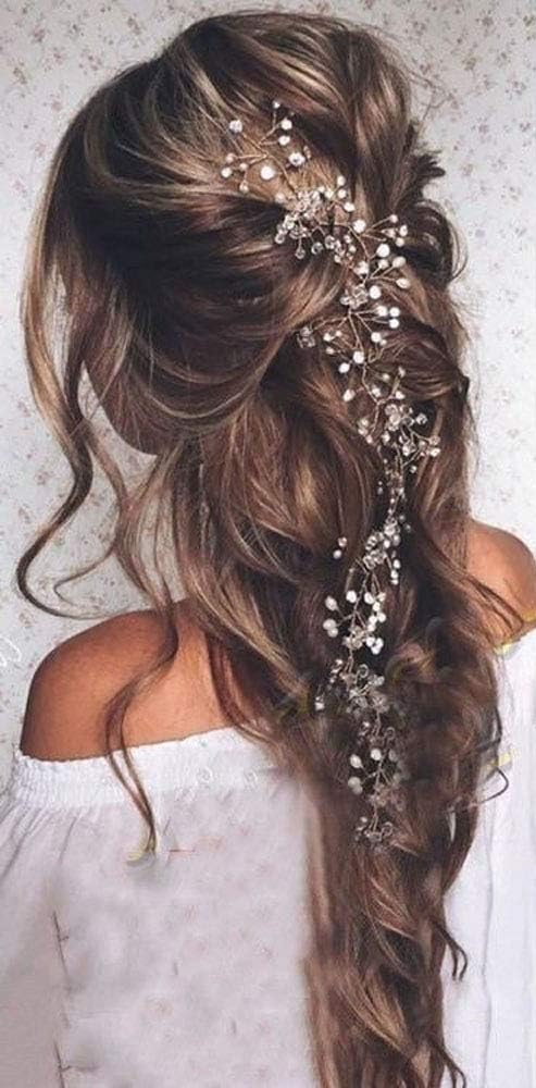 Deniferymakeup Rose Gold and Silver Extra Long Pearl and Crystal Bridal Hair Vine Wedding Head Piece Accessories Headband Jewelry (Silver)