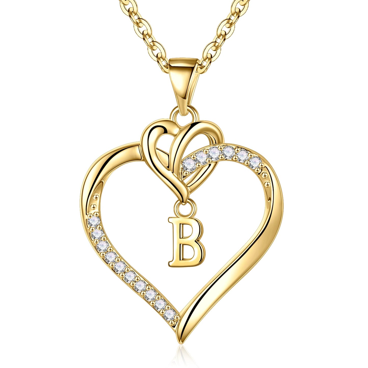 STORUP Heart Initial Necklaces for Women Girls, 14K Gold Plated Cubic Zirconia Heart Initial A-Z Pendant Necklace Dainty Heart Necklaces for Women Teen Girl Jewelry Birthday Gifts