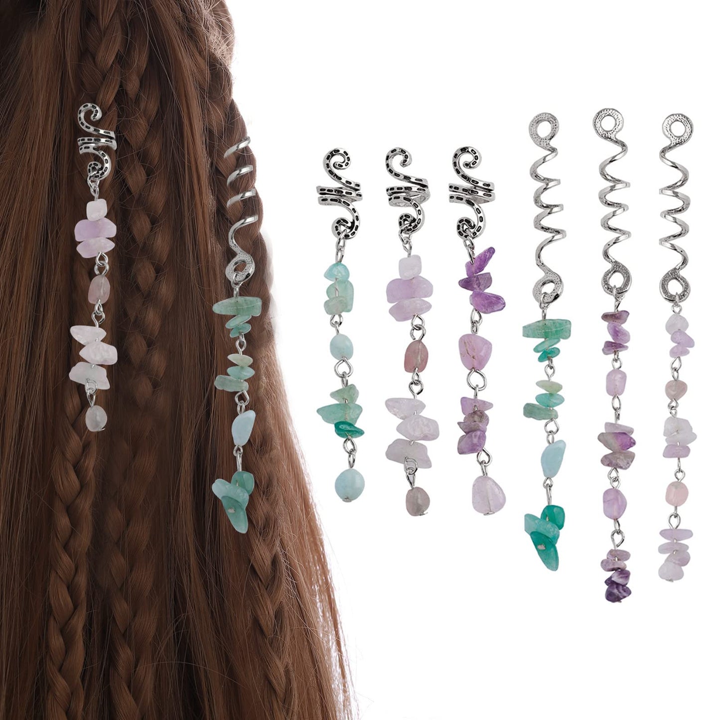 FRDTLUTHW Hair Jewelry Dreadlock Accessories, Natura Stone Hair Charms for Braids, Hair Ring Crystal Hair Accessories for Women(Black, pack of 6)