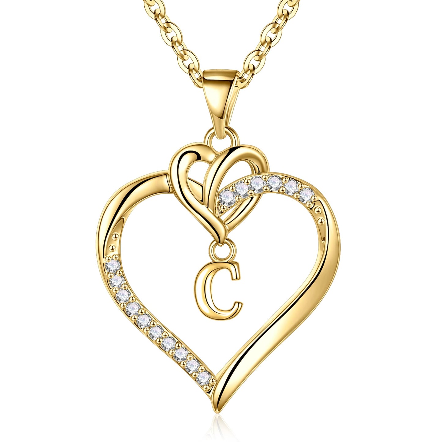 STORUP Heart Initial Necklaces for Women Girls, 14K Gold Plated Cubic Zirconia Heart Initial A-Z Pendant Necklace Dainty Heart Necklaces for Women Teen Girl Jewelry Birthday Gifts