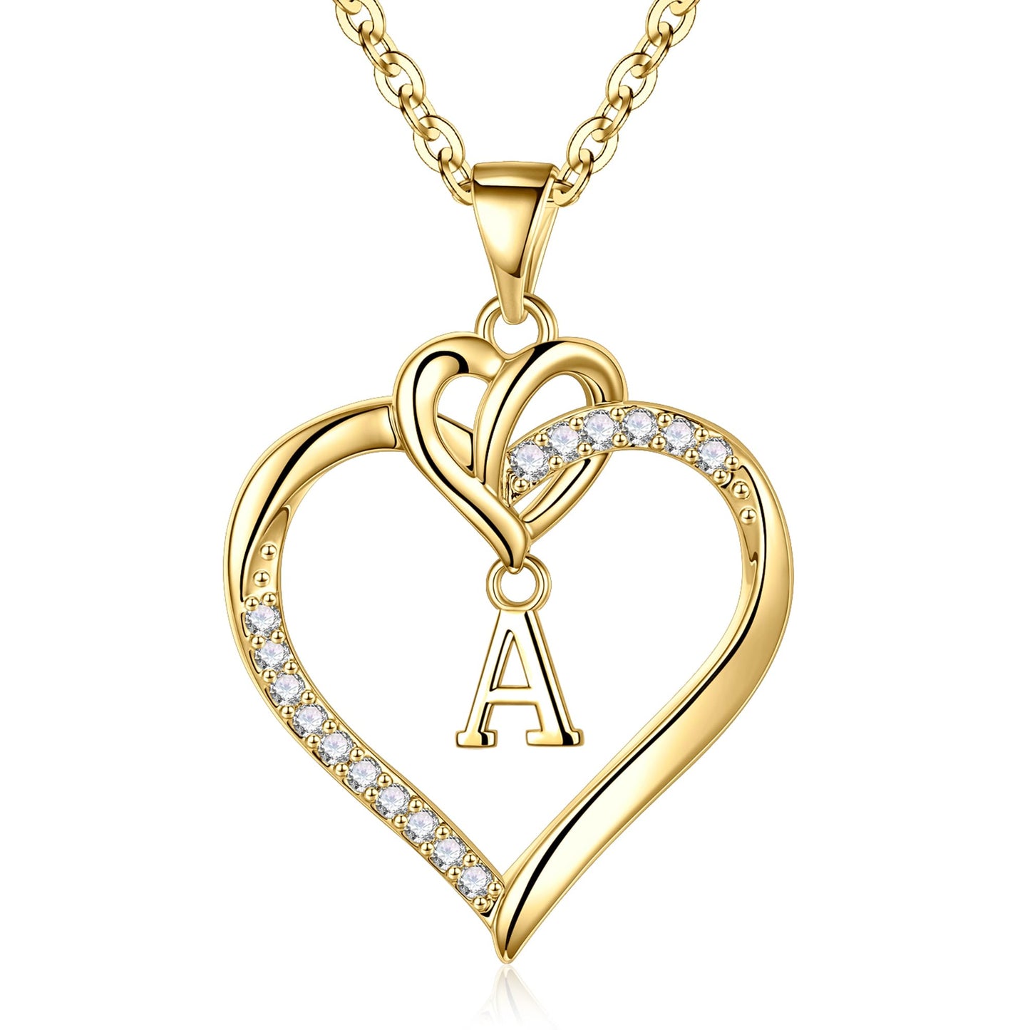 STORUP Heart Initial Necklaces for Women Girls, 14K Gold Plated Cubic Zirconia Heart Initial A-Z Pendant Necklace Dainty Heart Necklaces for Women Teen Girl Jewelry Birthday Gifts