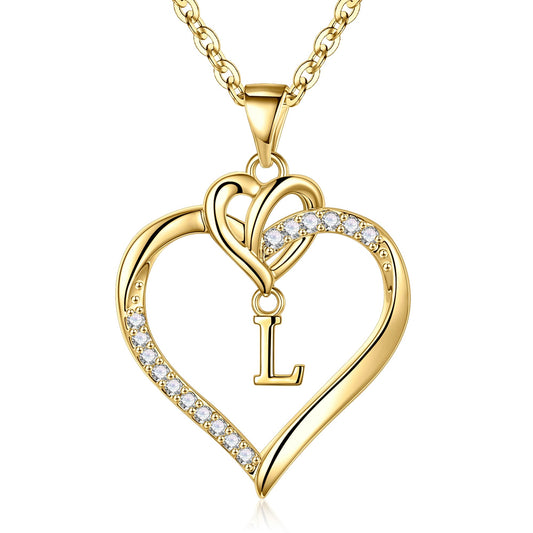 STORUP Heart Initial Necklaces for Women Girls, 14K Gold Plated Cubic Zirconia Heart Initial A-Z Pendant Necklace Dainty Heart Necklaces for Women Teen Girl Jewelry Birthday Gifts