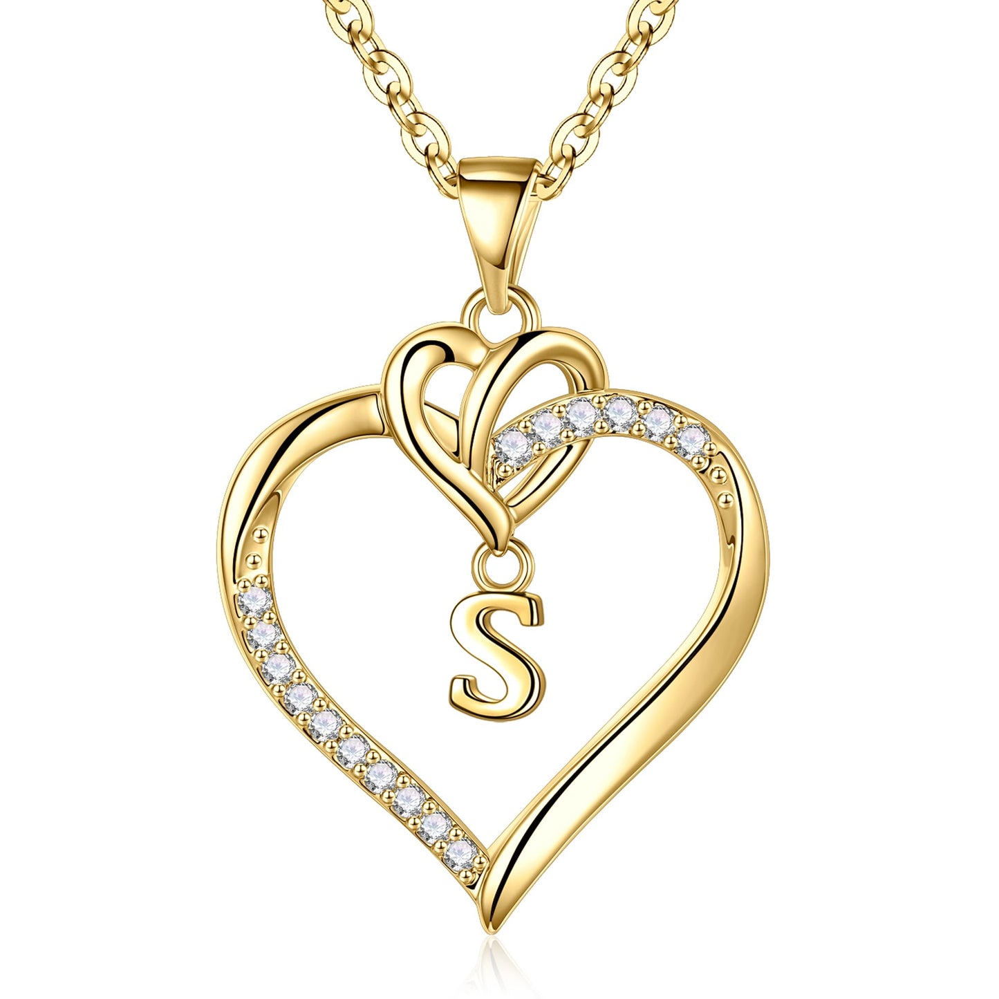 STORUP Heart Initial Necklaces for Women Girls, 14K Gold Plated Cubic Zirconia Heart Initial A-Z Pendant Necklace Dainty Heart Necklaces for Women Teen Girl Jewelry Birthday Gifts