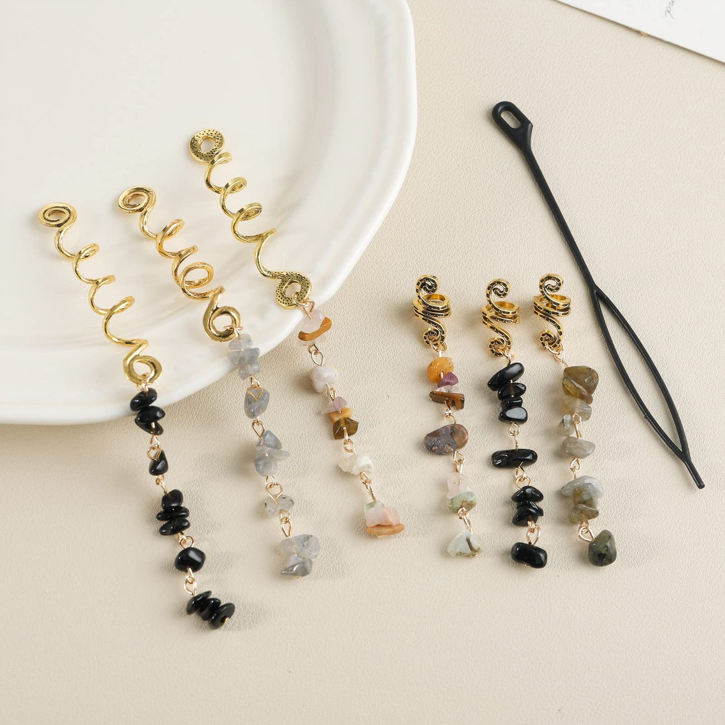 FRDTLUTHW Hair Jewelry Dreadlock Accessories, Natura Stone Hair Charms for Braids, Hair Ring Crystal Hair Accessories for Women(Black, pack of 6)