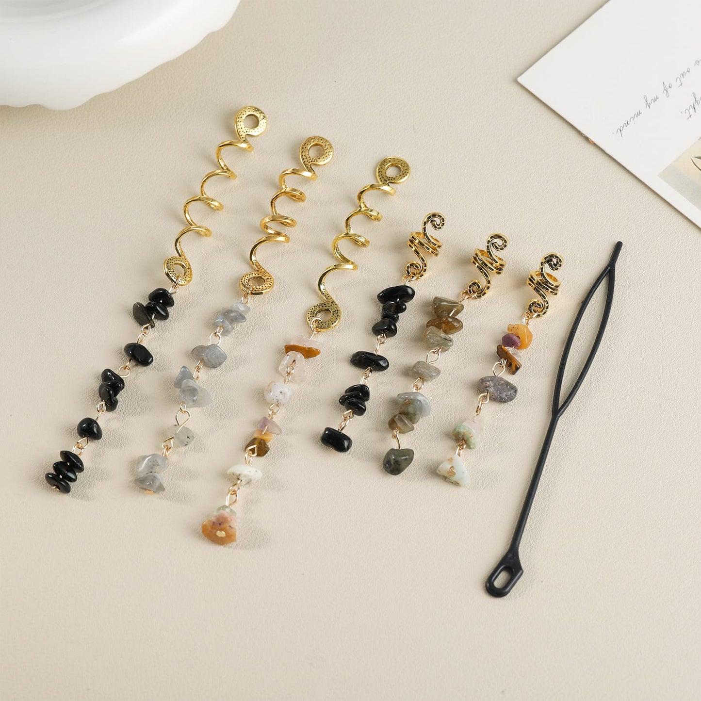 FRDTLUTHW Hair Jewelry Dreadlock Accessories, Natura Stone Hair Charms for Braids, Hair Ring Crystal Hair Accessories for Women(Black, pack of 6)