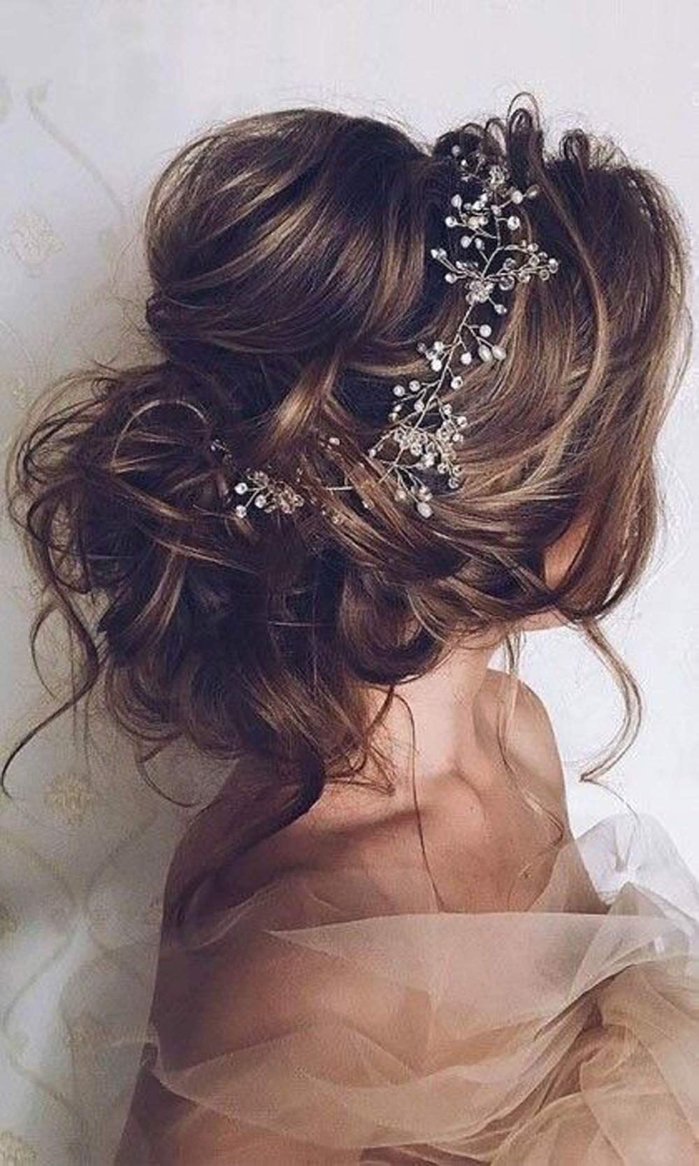 Deniferymakeup Rose Gold and Silver Extra Long Pearl and Crystal Bridal Hair Vine Wedding Head Piece Accessories Headband Jewelry (Silver)