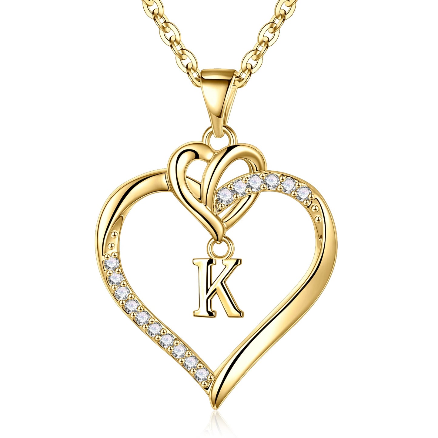 STORUP Heart Initial Necklaces for Women Girls, 14K Gold Plated Cubic Zirconia Heart Initial A-Z Pendant Necklace Dainty Heart Necklaces for Women Teen Girl Jewelry Birthday Gifts