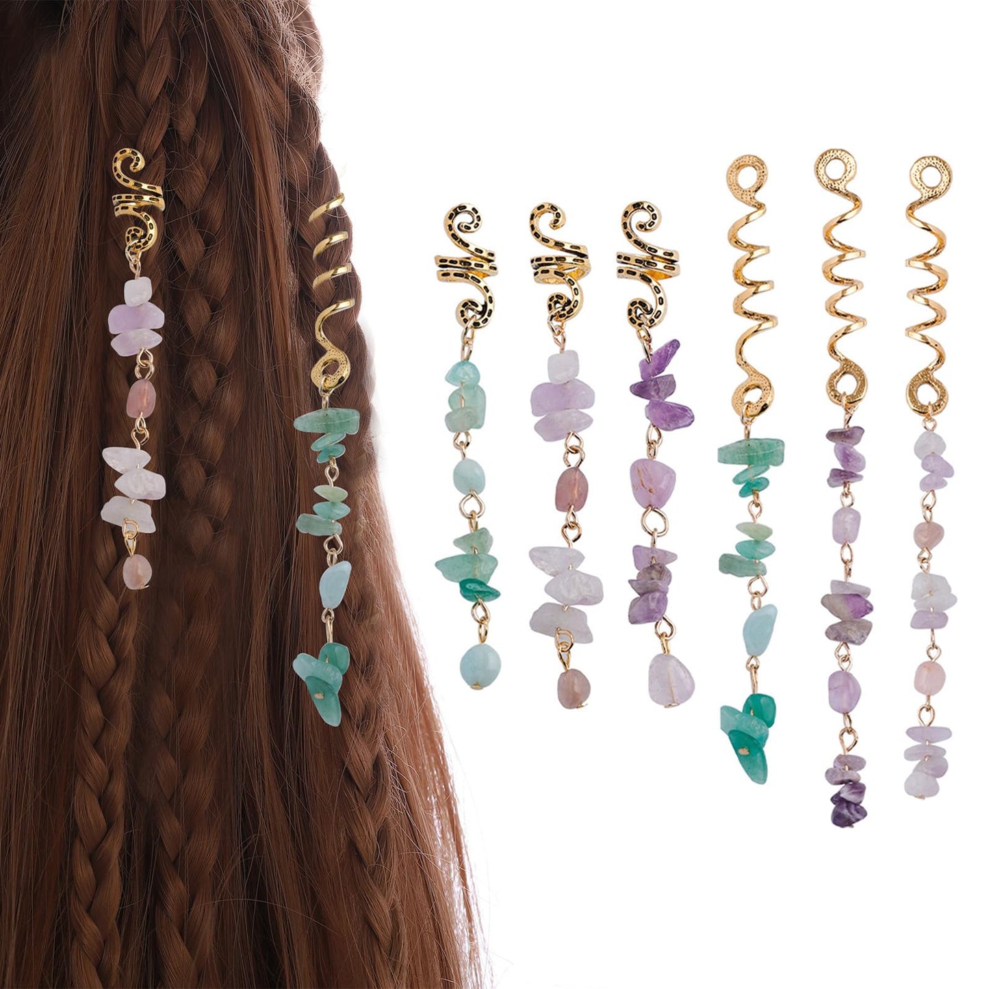 FRDTLUTHW Hair Jewelry Dreadlock Accessories, Natura Stone Hair Charms for Braids, Hair Ring Crystal Hair Accessories for Women(Black, pack of 6)